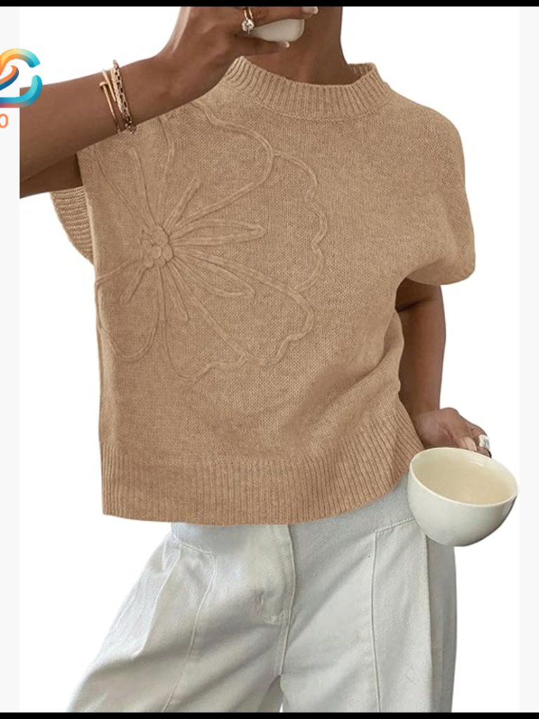 Short Sleeve Sweater Vest, Crewneck Pullover, Flower Embellished Knit Top